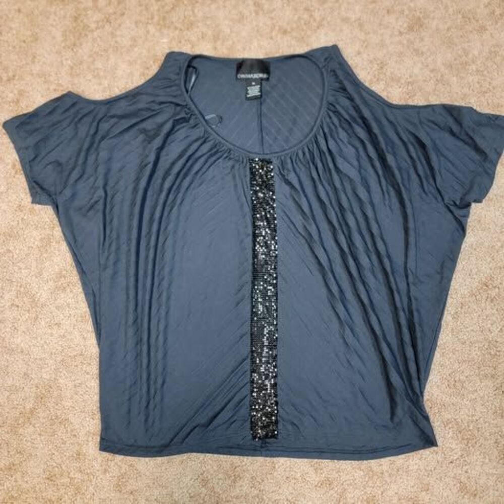 Navy Blue Blouse Cold Shoulder and Sequin in the front Cynthia Rowley Women XL